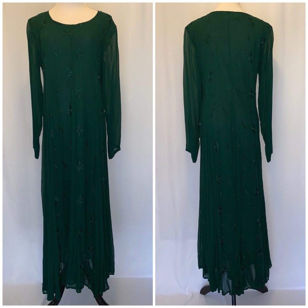 Emerald Green Rayon Chiffon Dress Embroidery